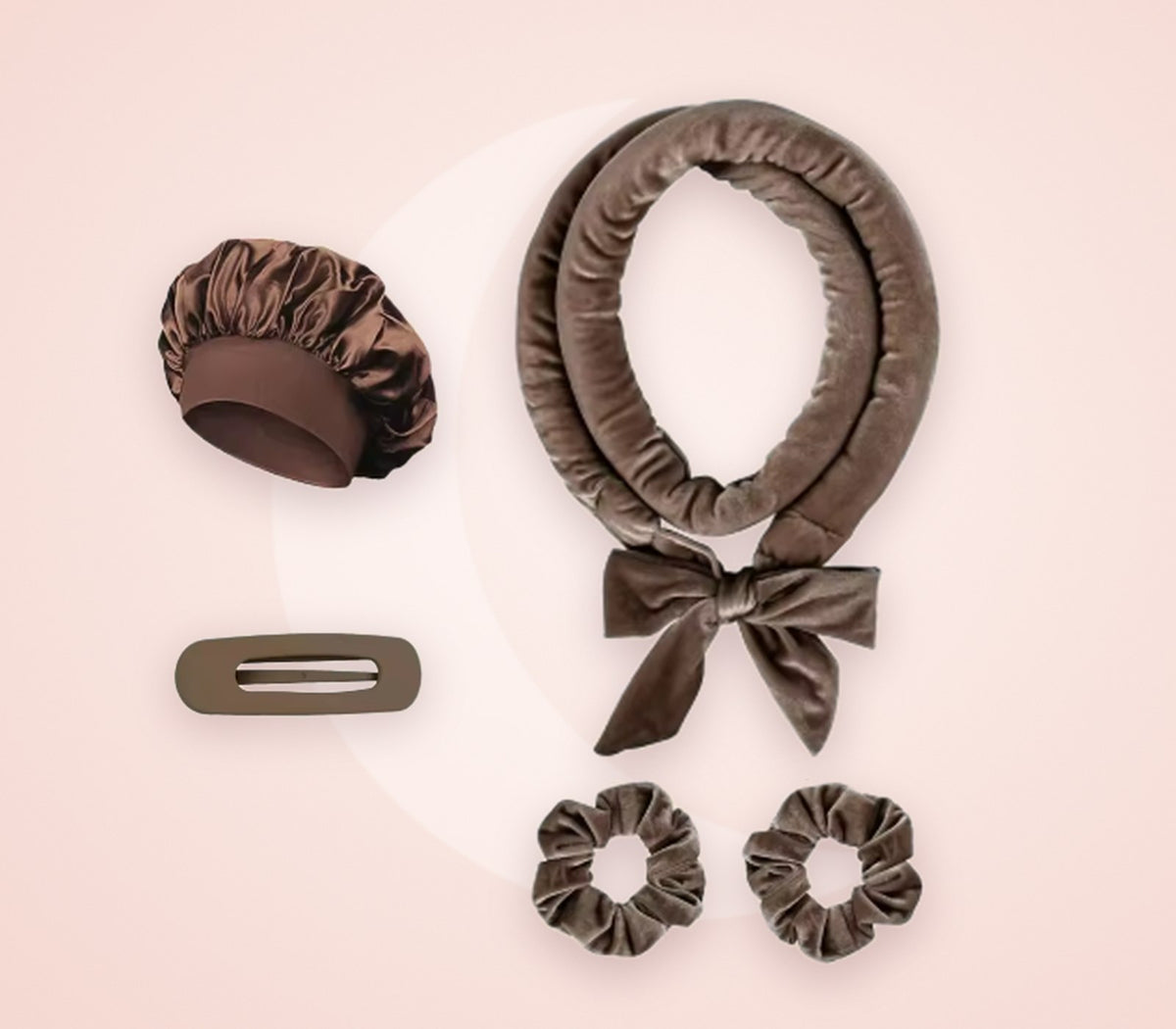 The Overnight Curls Set: satin bonnet, velvet curling rod, two scrunchies and a hair clip